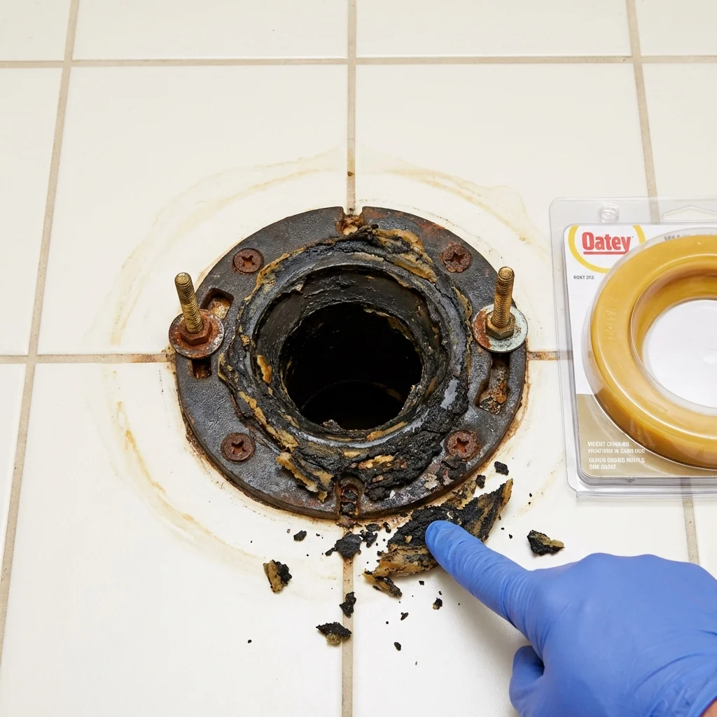 Failed wax ring showing water seepage at the base of a toilet in a Goshen, OH home