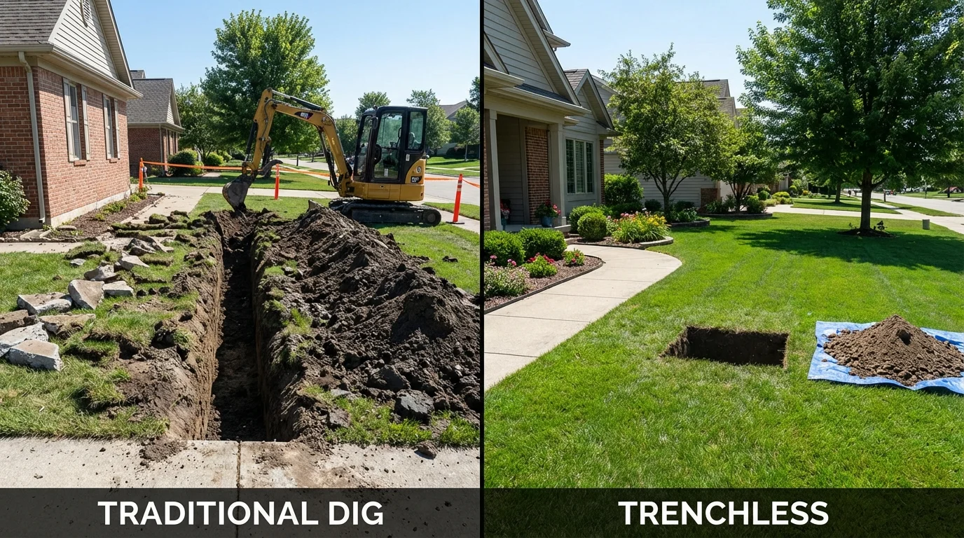 Trenchless sewer repair with minimal yard damage versus traditional excavation in Goshen, OH