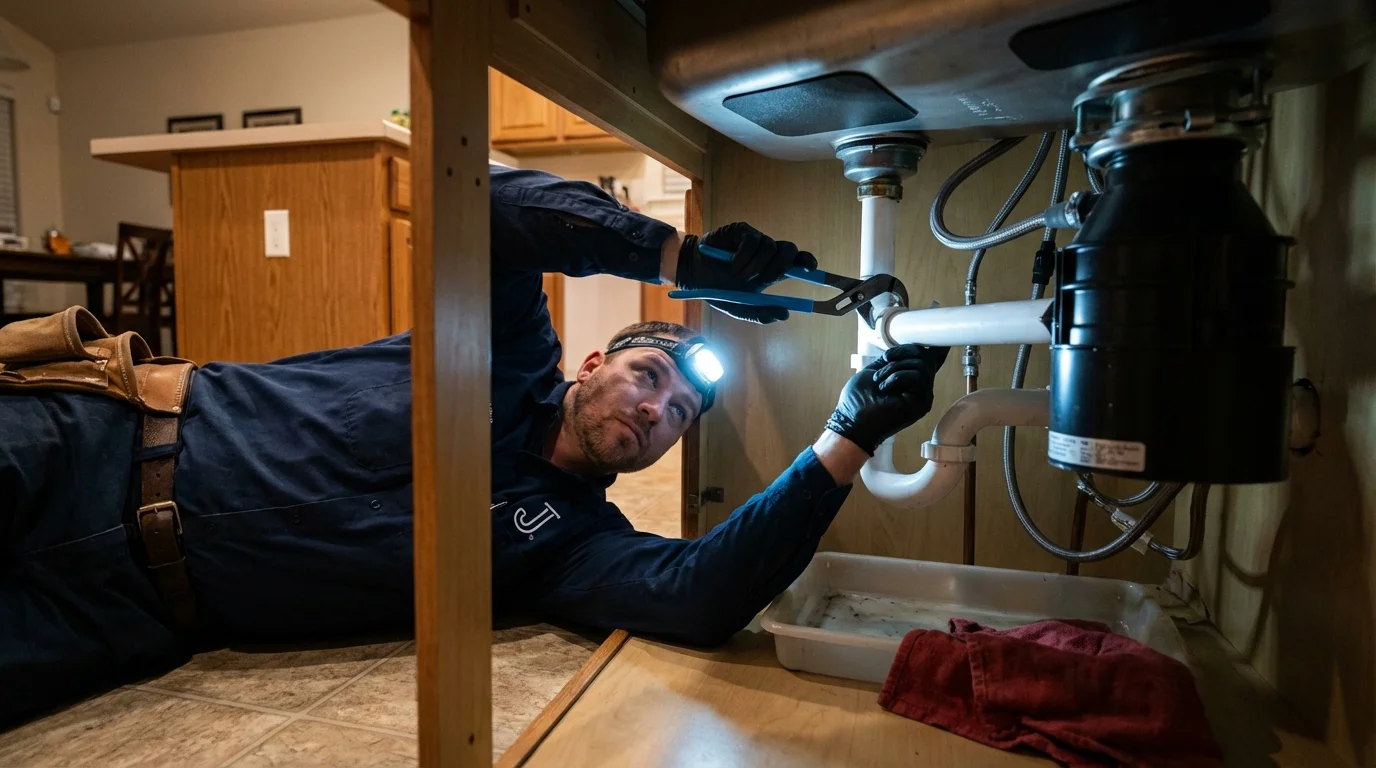 P-trap and supply line connections under a kitchen sink showing a common leak point in Goshen, OH